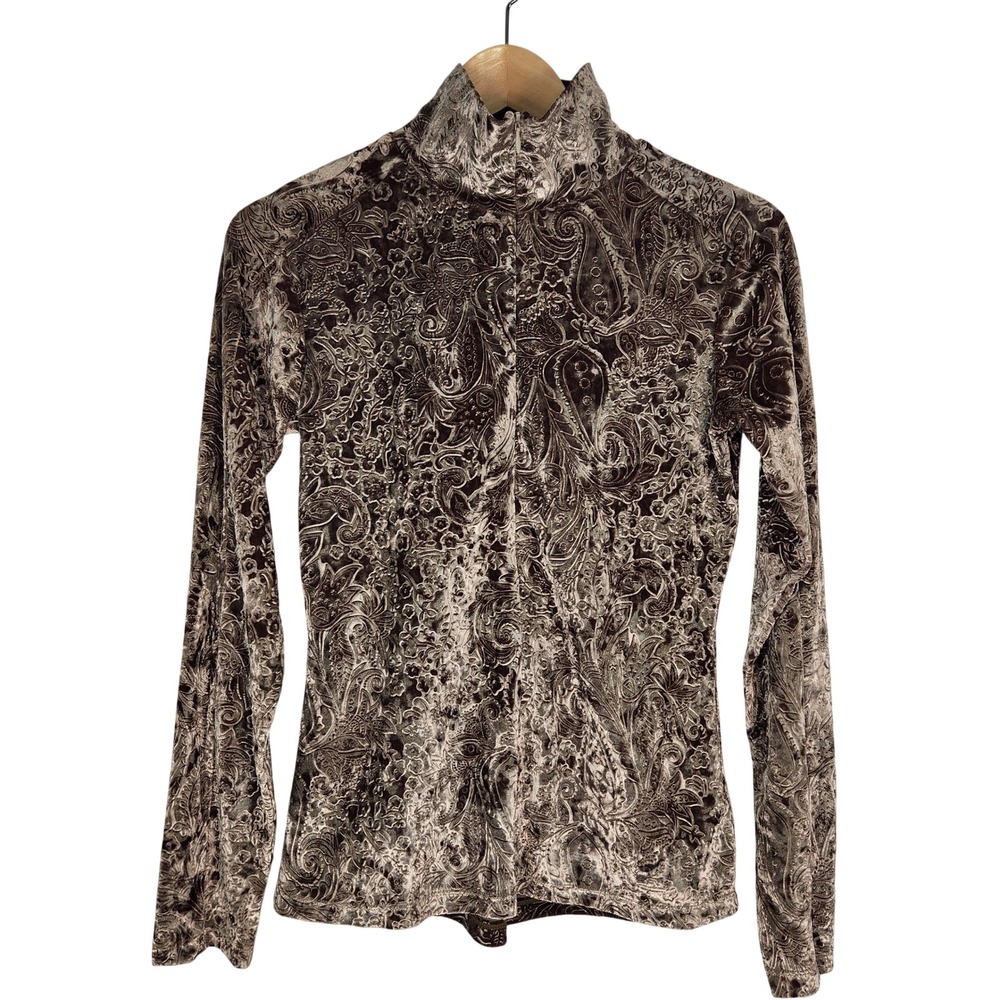 Skea Shimmies Olive Brown Paisley Velvet Mock Neck‎ Long Sleeve Top S Resortwear